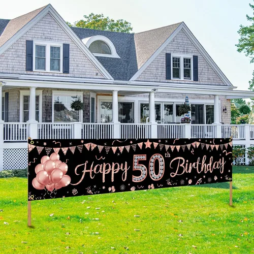 Cartel de feliz cumpleaños 50 para mujer, suministros de fiesta de cumpleaños número 50 color oro rosa, decoración de fondo de 50 cumpleaños con