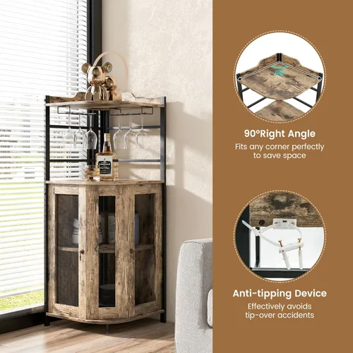 Miniatura 6 de LOKO Armario esquinero para bar de vinos, gabinete industrial para vinos con puertas de malla metálica y estante ajustable, gabinete de licor