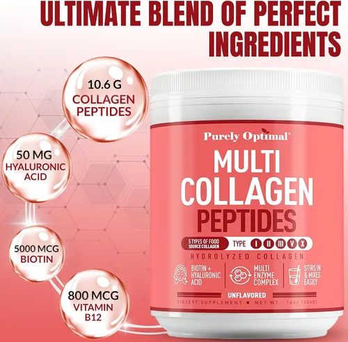 Miniatura 3 de Purely Optimal Péptidos de colágeno en polvo, 5 tipos de péptidos de colágeno hidrolizados con biotina, B12 y ácido hialurónico para cabello, piel