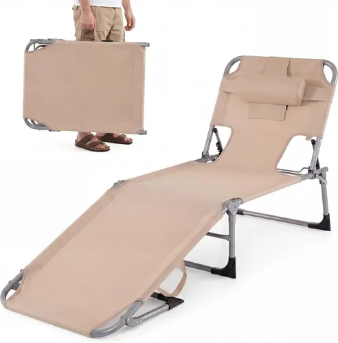 Goplus Silla bronceadora, silla de playa plegable con agujero para cara y brazo, posición ajustable, almohada extraíble, bolsillo lateral, silla de
