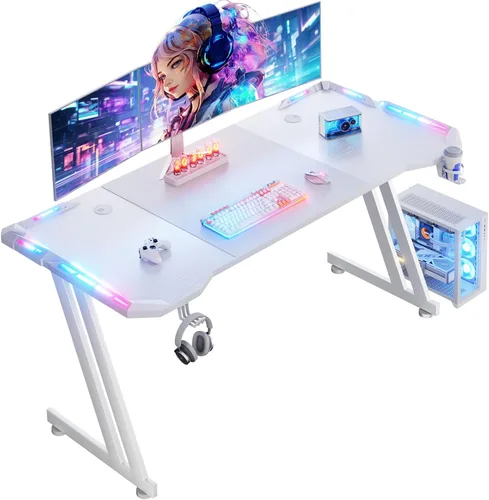 Miniatura 7 de HLDIRECT Escritorio para juegos de 47 pulgadas con luces LED, mesa grande de escritorio RGB para computadora con soporte para tazas, gancho