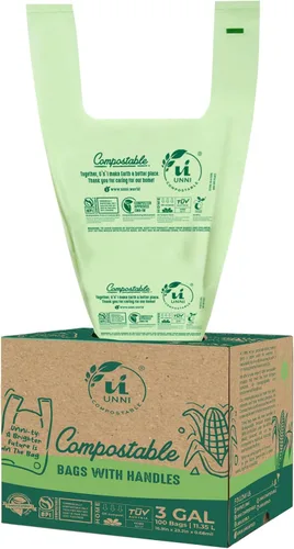 UNNI Bolsas de basura compostables de 3 galones con asas de corbata, 100 bolsas pequeñas de compost de cocina para basura de encimera, certificadas