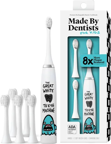 Made by Dentists Cepillo de dientes eléctrico para niños, cepillo de dientes vibratorio recargable con temporizador, incluye 6 cabezales de