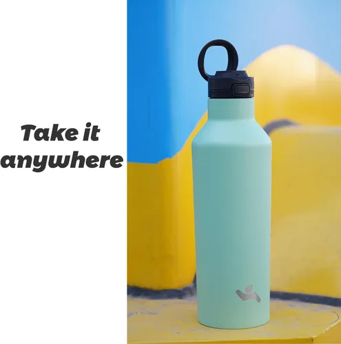 Miniatura 6 de Konokyo - Botella de agua aislada con popote, termo de agua de acero inoxidable de doble pared de 17 onzas con 2 tapas, azul lago