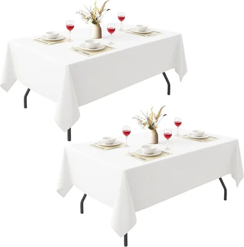 EMART Paquete de 2 manteles rectangulares blancos de 60 x 102 pulgadas para mesas rectangulares de 4 a 6 pies, lavables, mantel de tela de poliéster