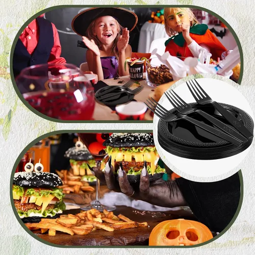 Miniatura 6 de Hushee 600 platos de postre de plástico negro de 6 pulgadas con tenedores de 7 pulgadas para aperitivo de pastel, 300 platos pequeños desechables