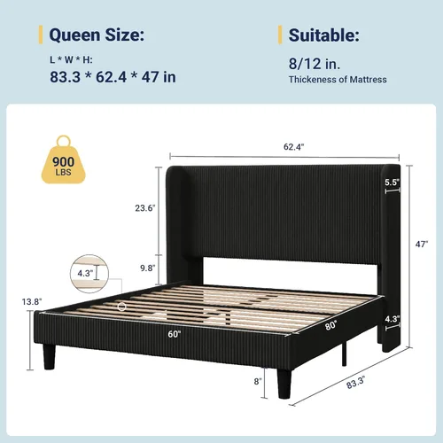 Miniatura 2 de Allewie - Base de cama tamaño Queen con cabecera tapizada de ala de respaldo, plataforma de cama de terciopelo corduroy acolchado con diseño Negro