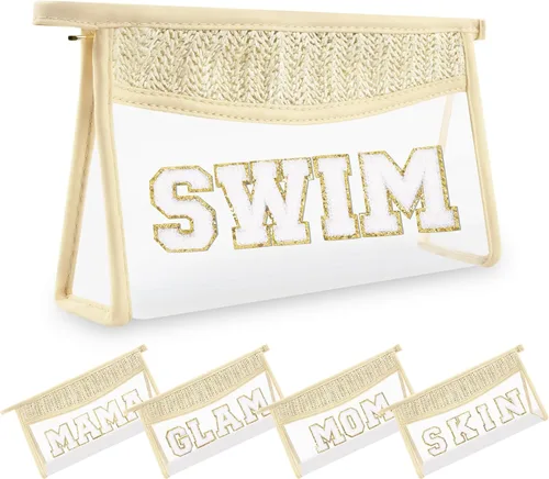 Miniatura 14 de Pequeñas bolsas de maquillaje transparentes de paja bohemia para mujeres y niñas, bolsa de cosméticos con cremallera de chenilla, bolsa de parche