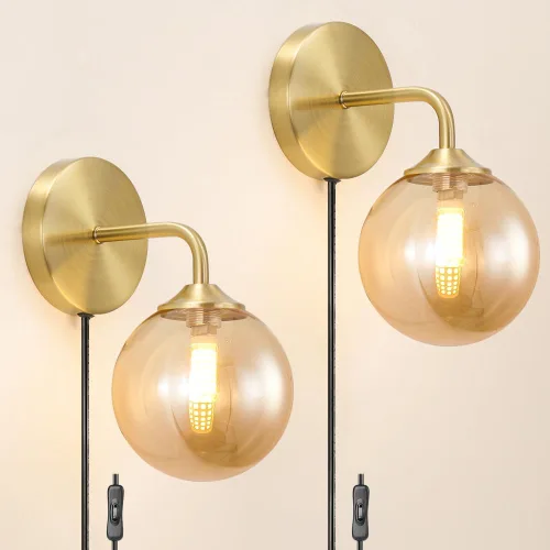 Miniatura 10 de Juego de 2 apliques de pared blancos enchufables, lámpara de pared moderna con cable de enchufe, aplique de madera con pantalla de metal martillado