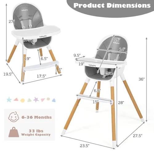 Miniatura 6 de BABY JOY Silla alta convertible para bebé, trona 3 en 1 con patas ajustables, bandeja apta para lavavajillas, cojín de poliuretano desmontable, Gris