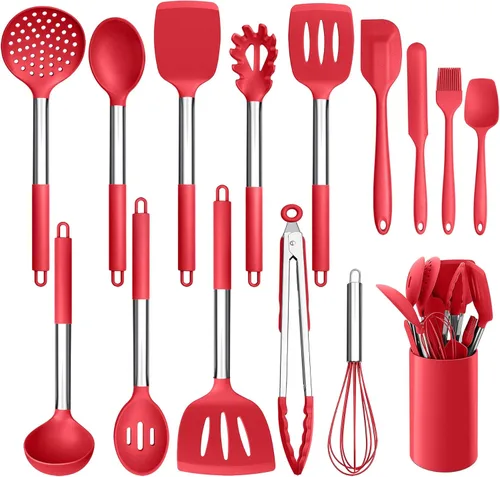 LIANYU Juego de utensilios de cocina de 15 piezas con soporte, herramientas de cocina de silicona, mango de acero inoxidable, espátula ranurada, Rojo
