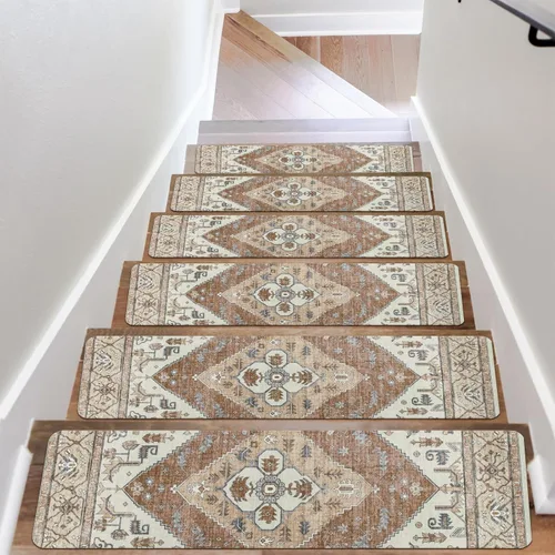 Miniatura 16 de OJIA Peldaños de escalera antideslizantes para escalones de madera en interiores, 15 piezas de 8"x30" alfombras con respaldo de goma para peldaños