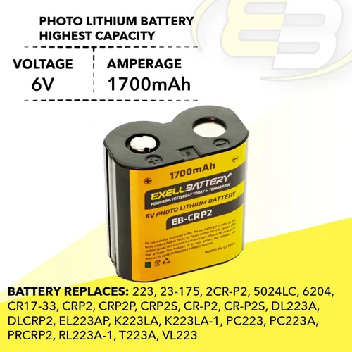 Miniatura 5 de EXELL CR-P2 6V 1700mAh (la más alta capacidad del mercado) batería de litio de foto sustituye a CRP2S, CR-P2, CR-P2S, DL223A, DLCRP2, EL223AP