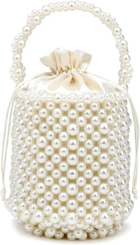 SharPlus White Beaded Pearl Bucket Handbag for Women, Small Tube Clutch Purse Evening Bag for Bridal, Wedding, Party