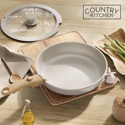 Miniatura 9 de Country Kitchen Juego de utensilios de cocina con mango extraíble, juego de ollas y sartenes aptas para horno y caravana, mango de madera moteada