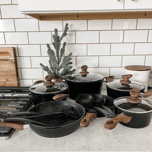 Miniatura 2 de MAISON ARTS Juego de ollas y sartenes antiadherentes, 15 piezas no tóxicas martilladas de cocina, ollas y sartenes de granito negro para inducción