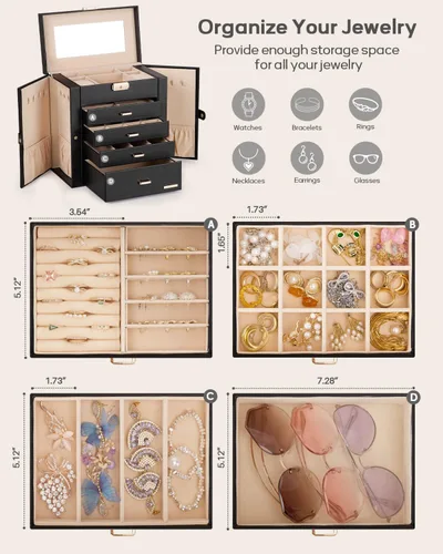 Miniatura 3 de Homde Regalos de Navidad de cuero sintético, enorme joyero, organizador de reloj con espejo, collar, anillo y aretes, estuche de regalo con Dorado
