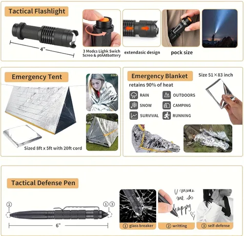 Miniatura 5 de Kit de supervivencia, 252 piezas de equipo de supervivencia con bolsa compatible con sistema Molle y tienda de emergencia, kit de emergencia