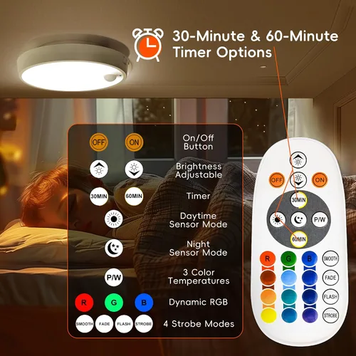 Miniatura 7 de Molrebe Lámpara de techo con sensor de movimiento, lámpara de techo recargable con 15 temperaturas de color, luz de armario activada por movimiento