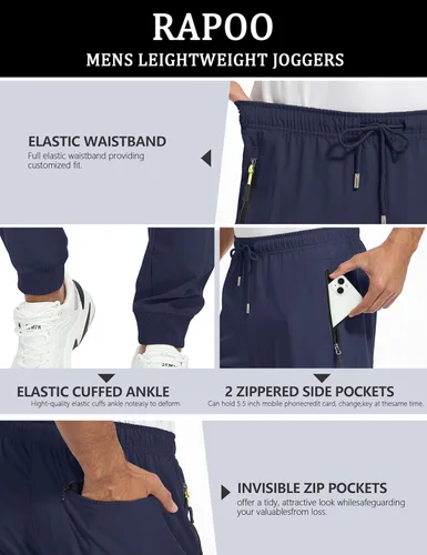 Miniatura 5 de Rapoo - Pantalones ligeros para hombre, de secado rápido, con 3 bolsillos con cremallera, para entrenamiento, pista, gimnasio y atletismo