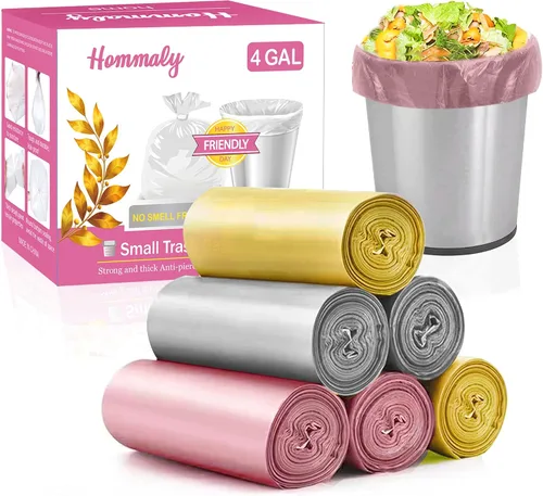 Bolsas de basura pequeñas de 4 galones, 180 piezas, bolsas de basura resistentes, forros de basura para canasta de oro, gris y rosa para baño,
