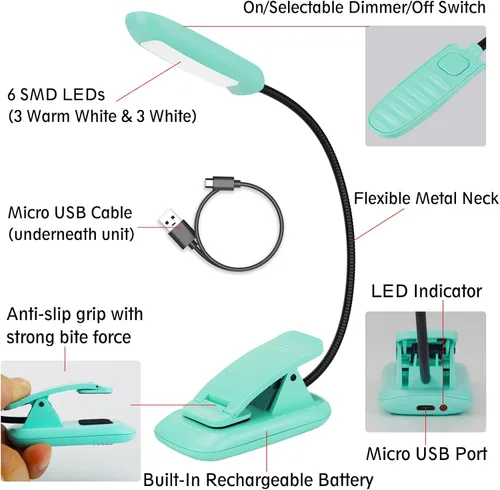 Miniatura 2 de BIGMONAT Luz recargable de lectura de libros, cuello flexible portátil, brillo ajustable con lectura de cuidado de los ojos, LED cálidos y blancos