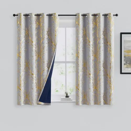 FMFUNCTEX Cortinas 100% opacas para dormitorio, cortinas de 45 pulgadas de largo, cortinas de árbol dorado sobre gris para sala de estar, cortina de