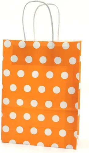 JEYE Paquete de 12 bolsas de regalo de lunares naranjas con asa, bolsas de papel kraft de tamaño mediano a granel, bolsas de papel reciclables,