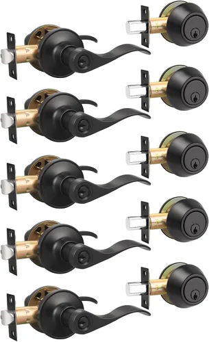 Miniatura 19 de Gobrico Keyd Alike - Manija de puerta de entrada y cerrojo de un solo cilindro en níquel satinado, palanca estilo onda con cerradura y cerrojo
