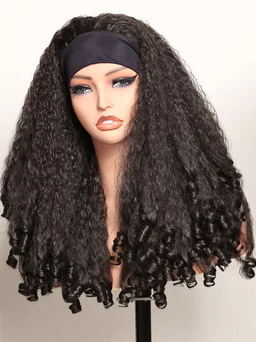 Miniatura 12 de SOKU Nueva peluca rizada afro con diadema, textura de cabello sintético trenzado con rizos únicos en el extremo, negro de 20 pulgadas, pelucas