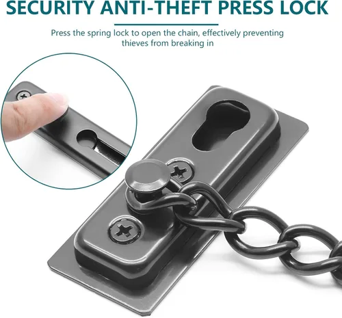 Miniatura 3 de Bonsicoky Paquete de 2 cerraduras de cadena de puerta con resorte, protector de cadena de seguridad de acero inoxidable, cerradura de prensa Negro