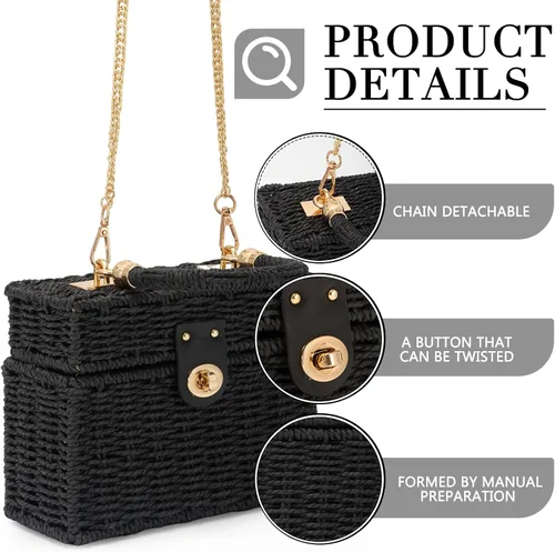 Miniatura 3 de Fecialy Bolso de mano de ratán tejido a mano para mujer, bolso de mano de paja para playa, bolso cruzado cuadrado bohemio