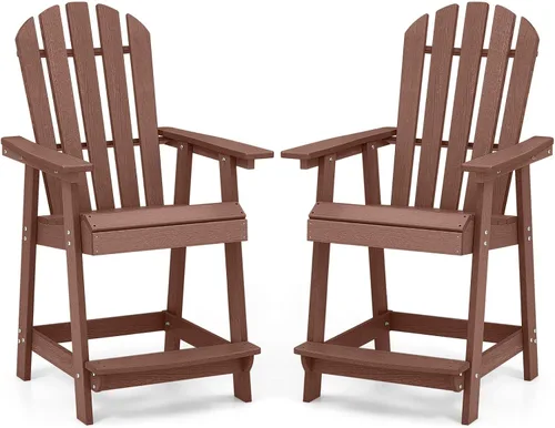 Miniatura 17 de Tangkula Taburete de bar para exteriores, silla Adirondack alta de polietileno de alta densidad con reposabrazos y reposapiés, resistente a la Marrón