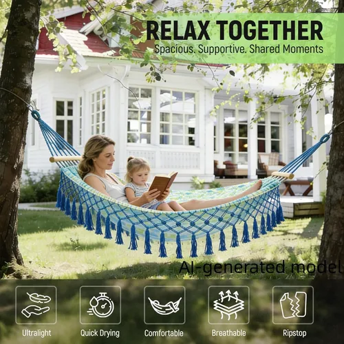 Miniatura 6 de Hamaca portátil, hamaca bohemia, hamaca de cuerda, adecuada, patio, playa, patio trasero, jardín (azul, 79 x 59)