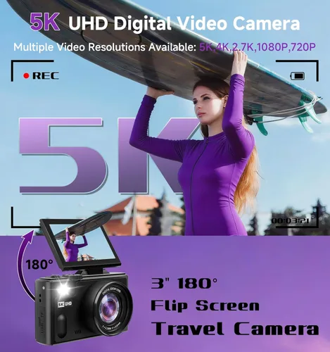 Miniatura 3 de Cámara digital 5K para fotografía, cámara digital de 80 MP con pantalla abatible de 3 pulgadas y 180° con zoom de 18X, tarjeta SD de 64 GB, cámara