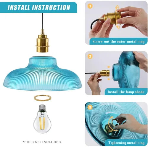 Miniatura 5 de Lámpara colgante enchufable de cristal azul, lámpara colgante dorada de altura ajustable con interruptor de encendido/apagado de cable de 14.7 pies