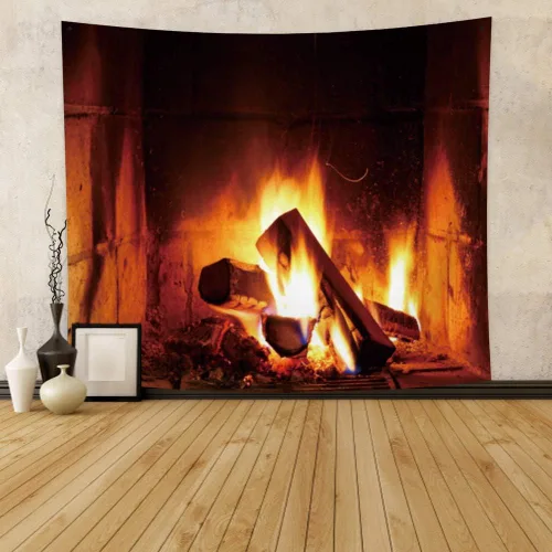 Miniatura 3 de Haoyiyi Tapiz de fuego ardiente de 33.9 x 27.6 pulgadas, chimenea de madera de Navidad, ladrillo brillante, para colgar en la pared, vintage