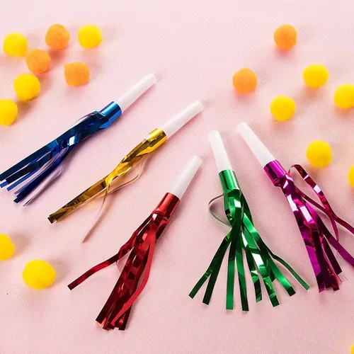 Miniatura 5 de Juvale Hacedores de ruido y cuernos para fiestas, cuernos y sopladores de fiesta a granel, fabricantes de ruido de flecos de oropel para niños