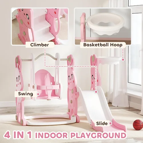 Miniatura 3 de Qaba Juego de tobogán y columpio 4 en 1 para niños de 1.5 a 4 años, parque infantil con temática de conejo con escalador, aro de canasta, para patio