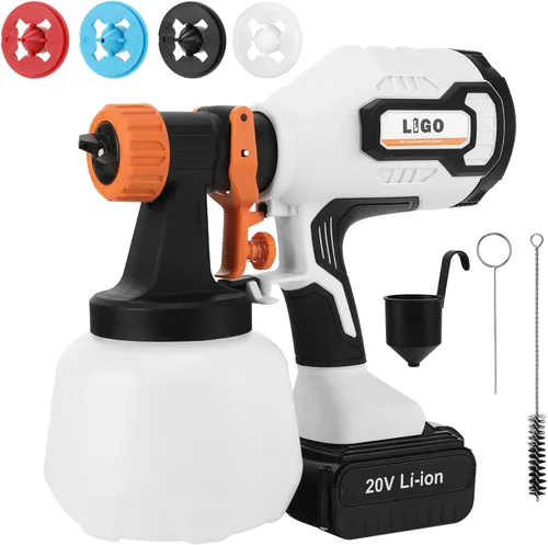 LIGO Pulverizador de pintura inalámbrico, kit de pistola de pulverización HVLP con batería de 4.0 AH, juntas de limpieza y soplado, 4 boquillas y 3