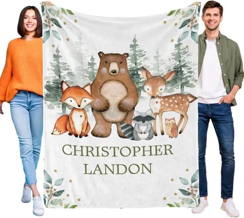 Miniatura 30 de Manta de bebé personalizada de animales del bosque para niños y niñas, manta de bebé personalizada con nombre Adventure Awaits Stuff recién nacido