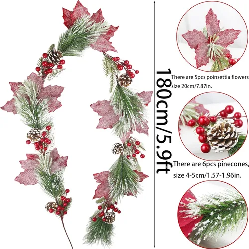 Miniatura 2 de CISDUEO - Guirnalda de Navidad Artificial de Flores de Nochebuena Poinsettia, Guirnalda de Bayas Rojas Artificiales con Piñas para Chimenea, Mantel