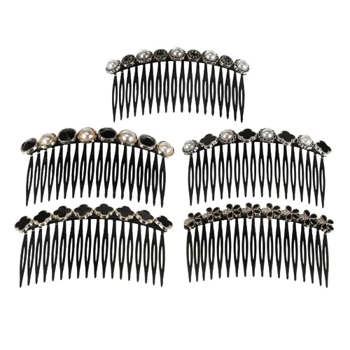 VOCOSTE Juego de 5 peines laterales de diamantes de imitación y perlas de imitación, 18 dientes anchos, accesorios para novia, color negro