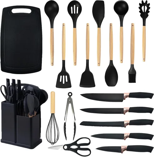 Miniatura 2 de Juego de utensilios de cocina y cuchillos con bloque, juego de cocina todo en uno de 19 piezas, 12 utensilios de silicona antiadherentes + 5 Negro