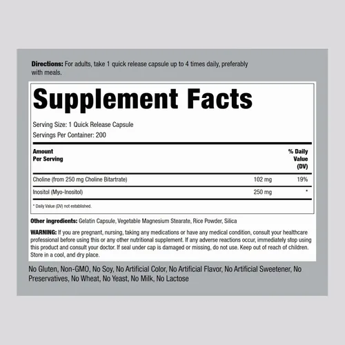 Miniatura 2 de Piping Rock Suplementos de inositol de colina 500 mg 200 cápsulas Bitartrato de colina y mio-inositol Sin OMG, sin gluten