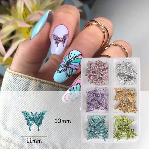 Miniatura 4 de 60 dijes de uñas de mariposa con purpurina 3D de mariposa para arte de uñas, de aleación de metal, encantos de uñas Kawaii para uñas acrílicas