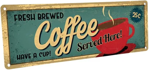 Homebody Accents Letrero de pared vintage de bar, letrero de metal Fresh Brewed Coffee Served Here, 4 x 12 pulgadas, decoración de bar para cocina,