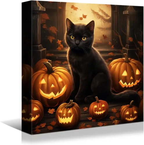 YONICA Lienzo decorativo de Halloween para pared de sala de estar, decoración del hogar, calabaza de Halloween y gato negro sobre lienzo, obra de