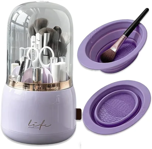 Miniatura 9 de Soporte giratorio para brochas de maquillaje con tapa, organizador de maquillaje transparente a prueba de polvo para encimera de tocador, incluye un