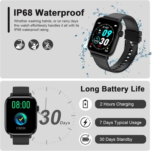 Miniatura 7 de Reloj inteligente con monitor de frecuencia cardíaca, monitor de actividad con podómetro, monitor de sueño, contador de calorías y pasos, reloj Negro